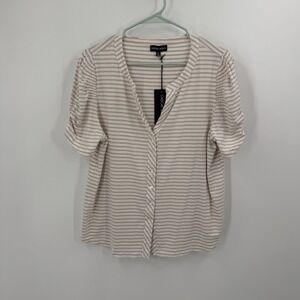 MODERN WORKS Striped Shirt Womens XL Button Front Roll Tab Sleeve Blouse‎ New